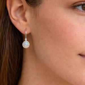 Sterling Silver Opal Drop Earrings 925 Round Cabochon Dangle